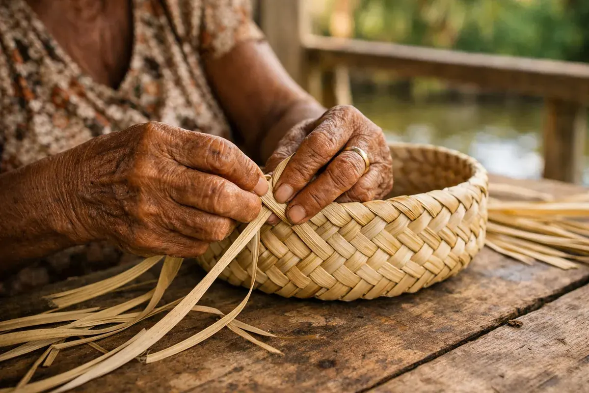 Mãos de uma artesã trançando tiras de palha de carnaúba para fazer um cesto