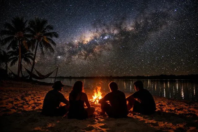 Grupo sentado em volta de uma fogueira na areia sob um céu estrelado com a Via Láctea