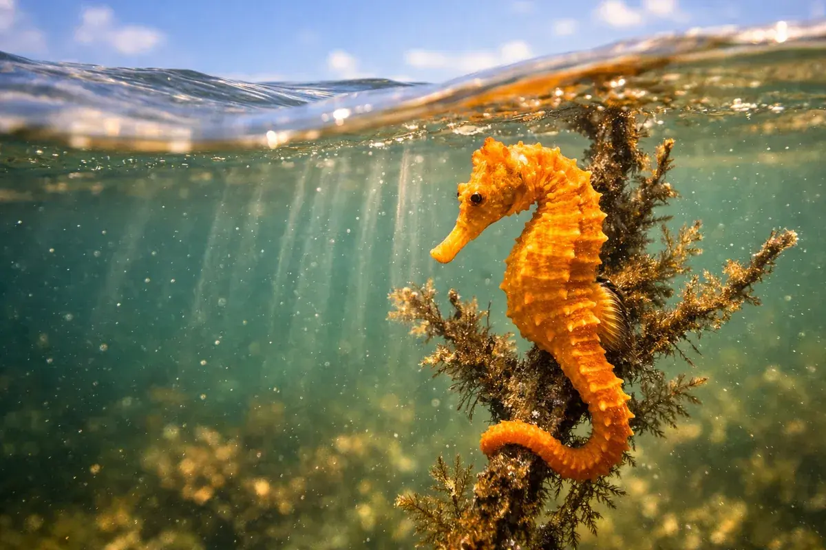 Cavalo-marinho amarelo agarrado à vegetação submersa em água rasa de estuário