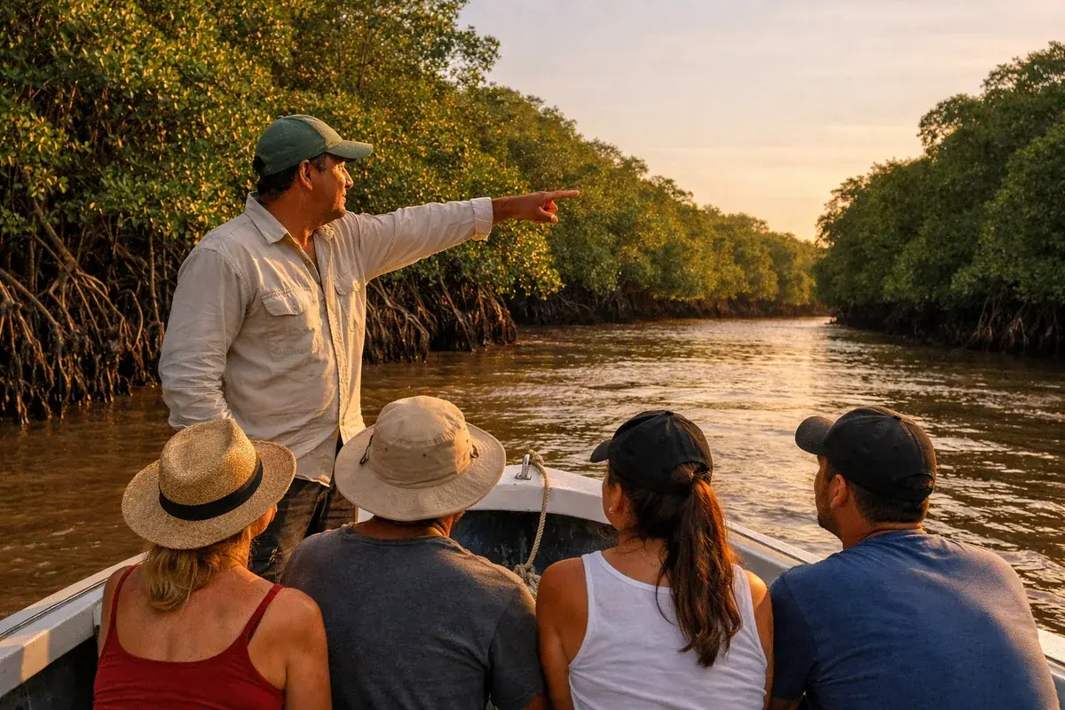 Guia da Aventur em pé na proa de uma lancha, apontando o manguezal para um grupo de visitantes sentados no barco
