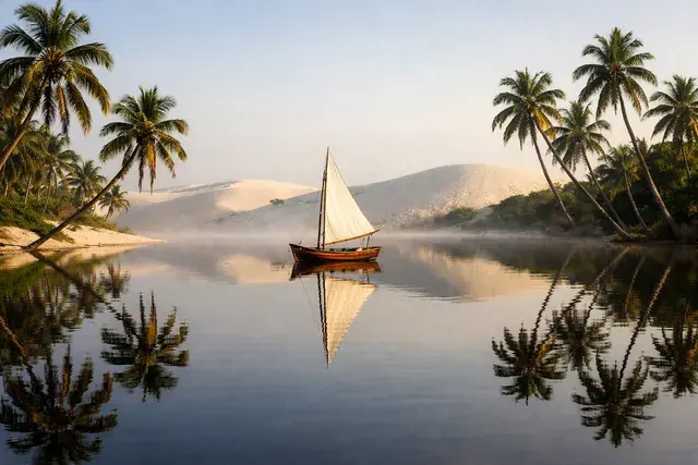 Barco a vela parado na Lagoa do Portinho, cercada por dunas e coqueiros