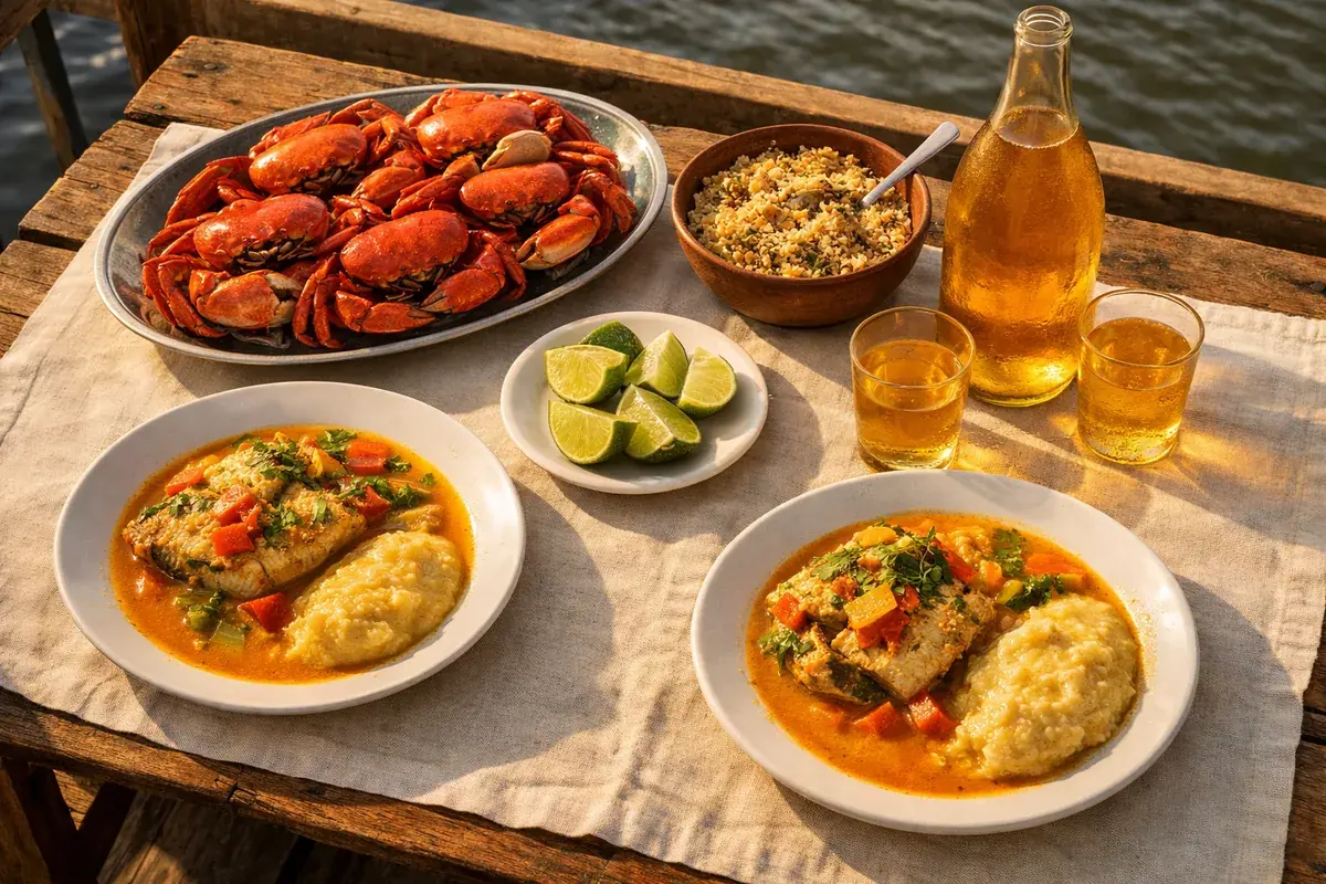 Mesa com travessa de caranguejos, peixada com pirão, limão e uma garrafa de cajuína