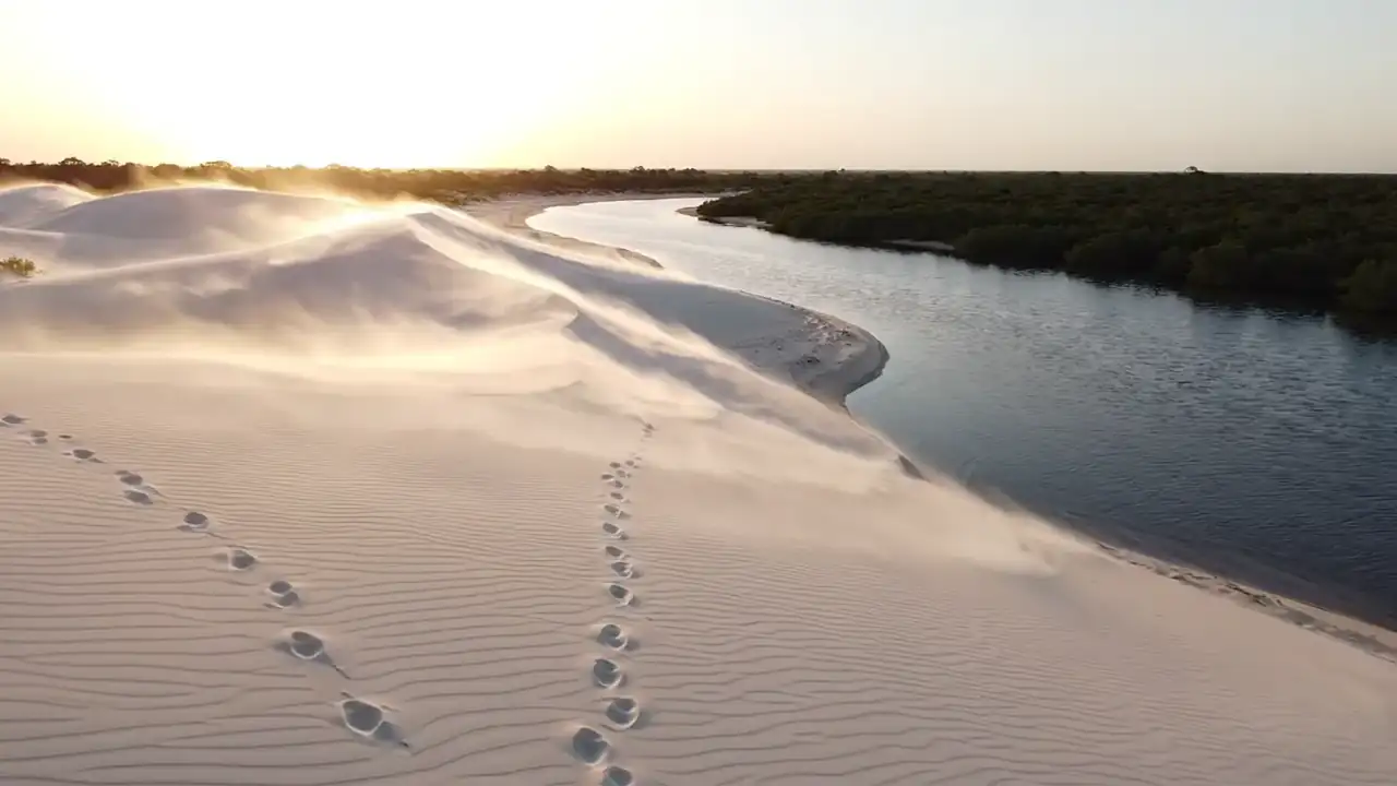 Dunas brancas encontrando o rio, com o vento levantando areia da crista