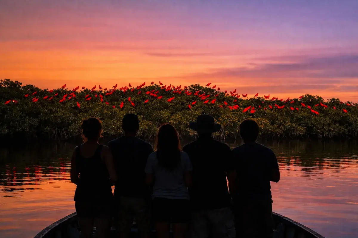 Silhuetas de visitantes num barco observando a revoada dos guarás sobre o manguezal ao entardecer