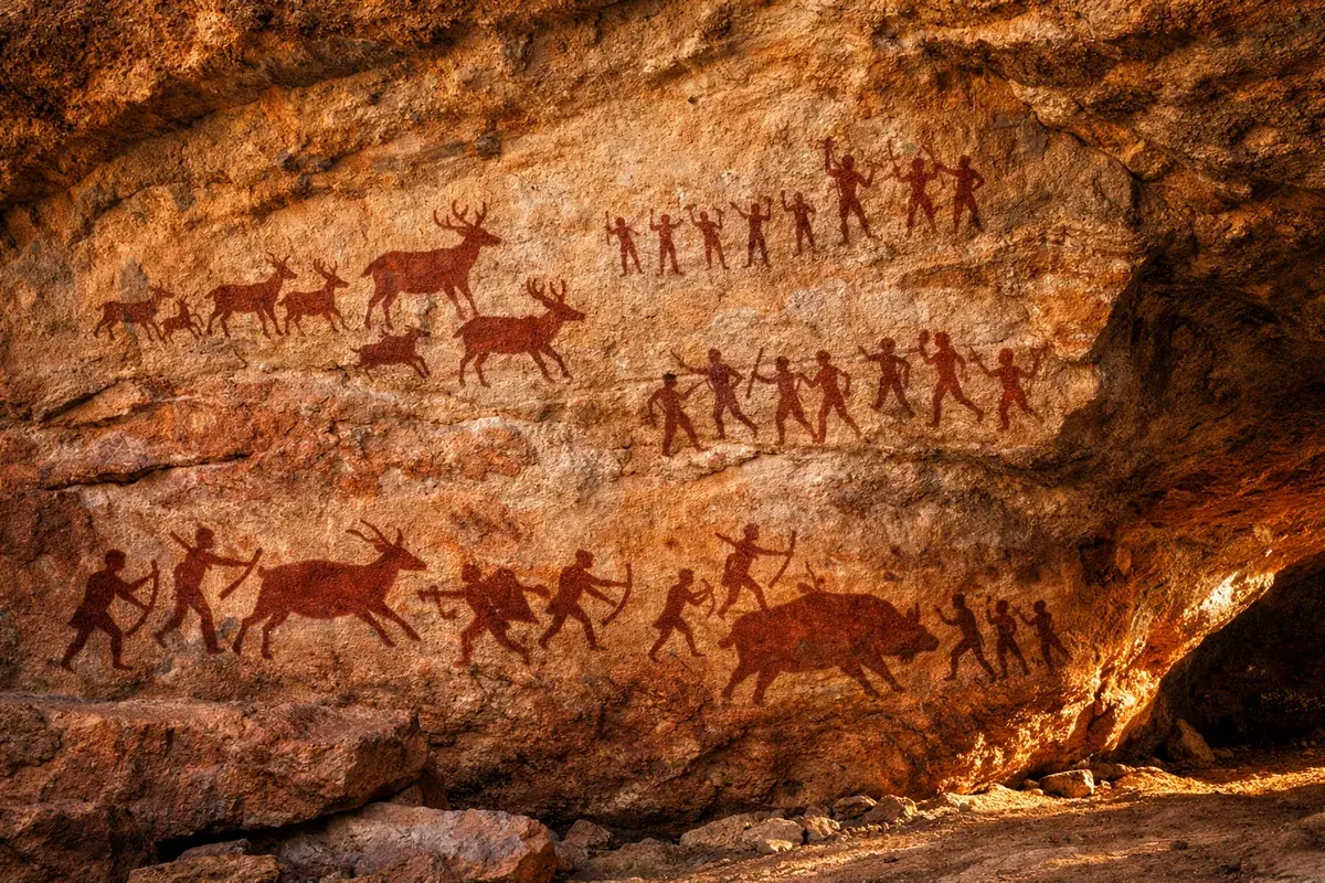 Paredão de rocha com pinturas rupestres vermelhas na Serra da Capivara